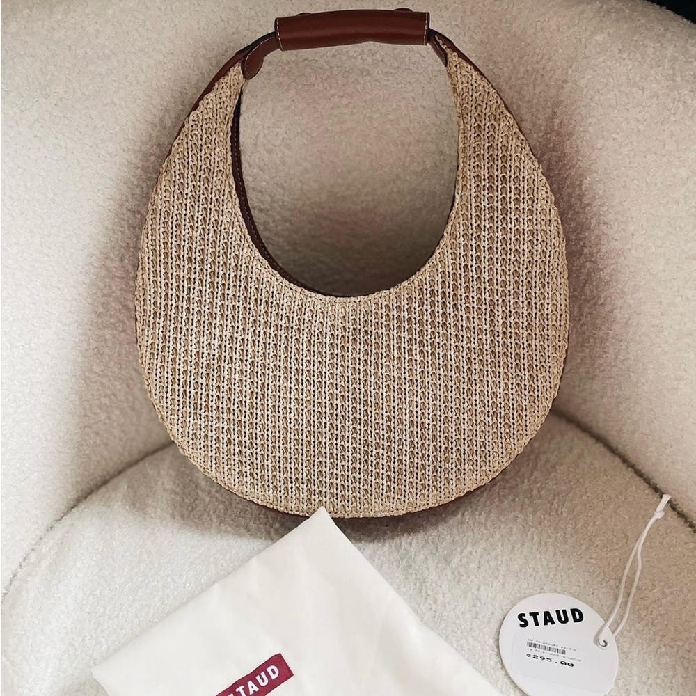 STAUD Beige and Brown Crescent Woven Shoulder Bag